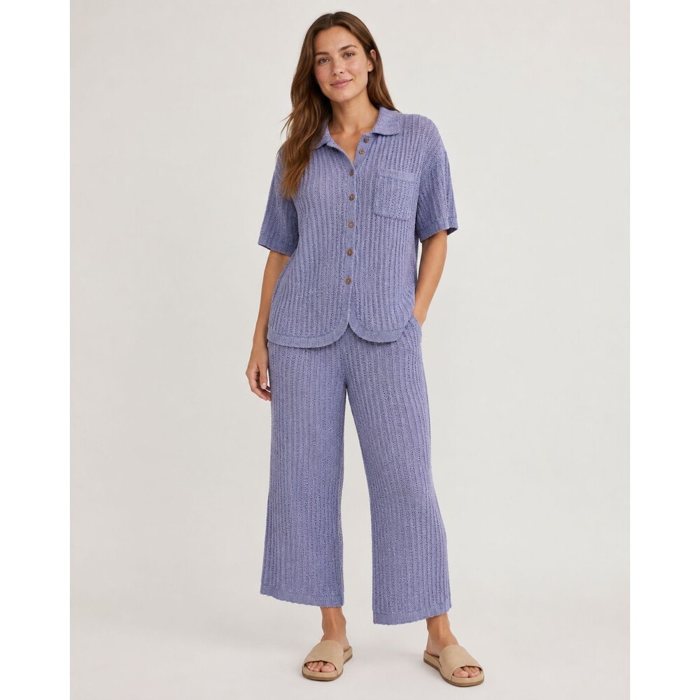 FP Beach Free People 2 Piece Lavender Knit Set Button Shirt Wide Leg Pants S
